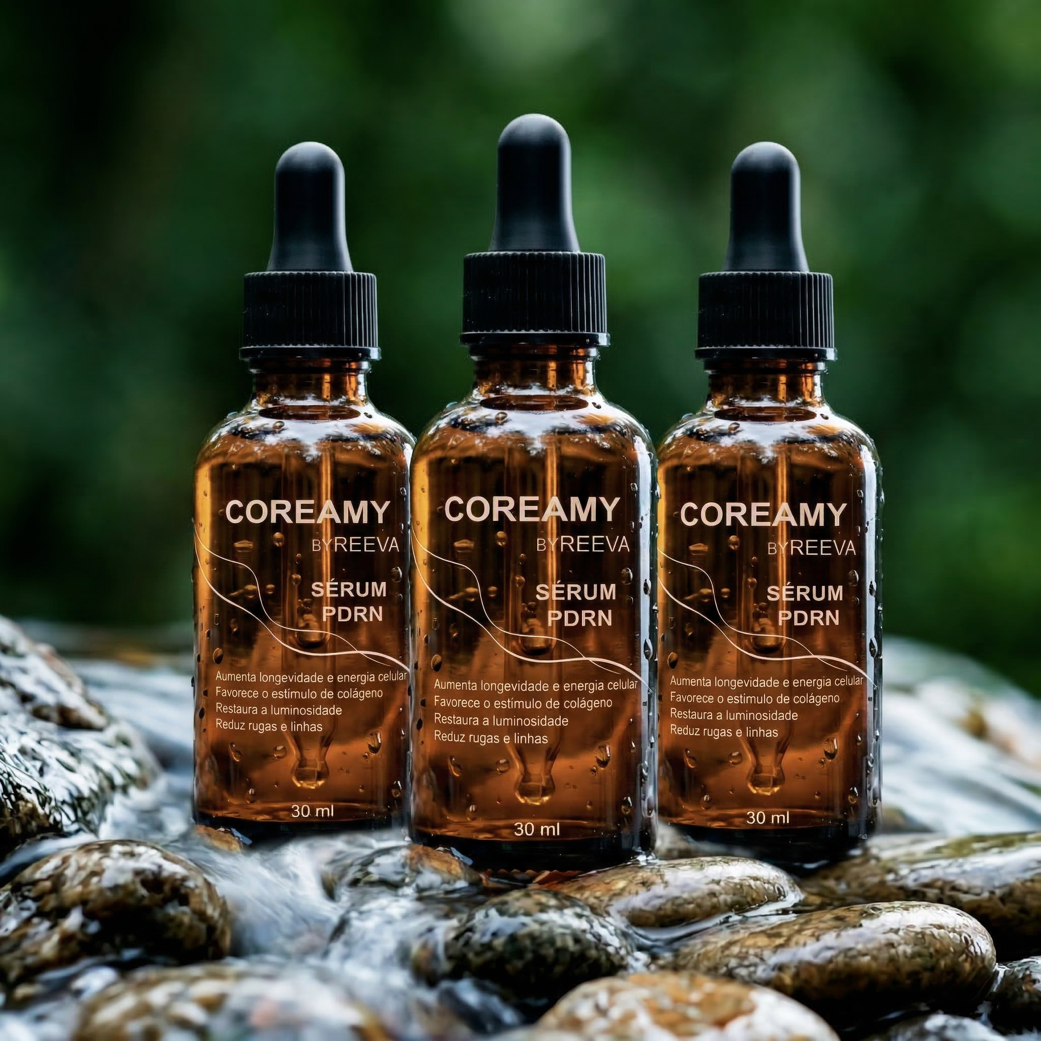 COREAMY Sérum PDRN frasco sobre pedras naturais