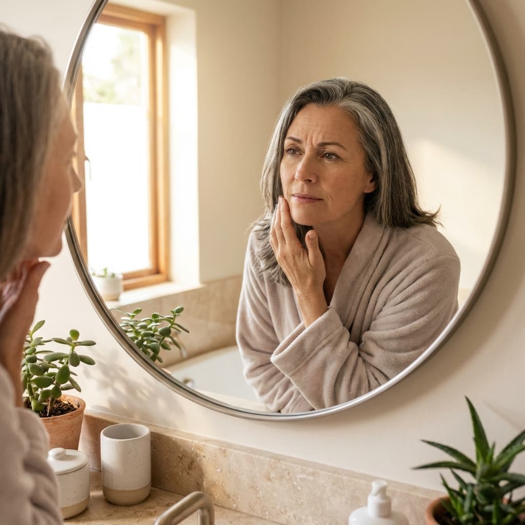Mulher examinando a pele no espelho